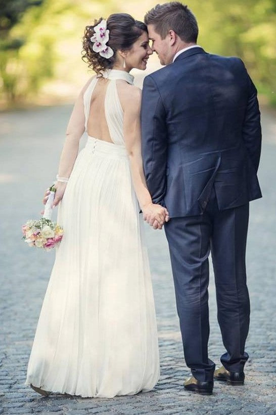 high-collar-chiffon-white-boho-wedding-gown-with-ruching-bodice-1