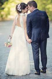 high-collar-chiffon-white-boho-wedding-gown-with-ruching-bodice-1