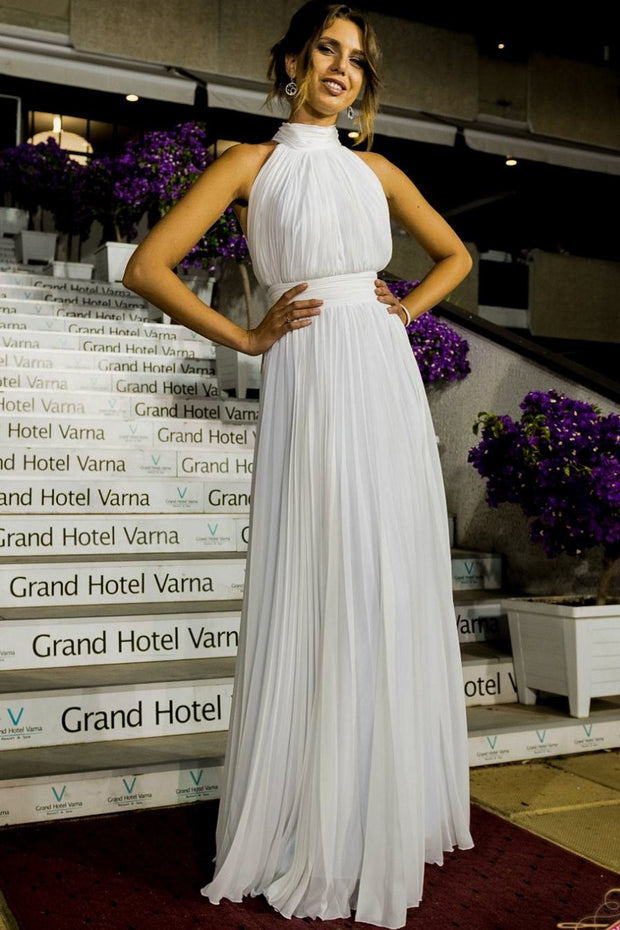 high-collar-chiffon-white-boho-wedding-gown-with-ruching-bodice