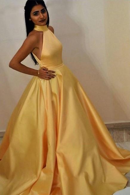 high-neck-yellow-prom-gown-with-satin-full-skirt