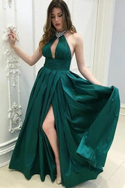 high-slit-side-green-formal-prom-gown-beaded-halter-neckline