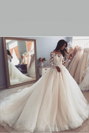 illusion-lace-long-sleeves-bridal-dress-for-wedding-tulle-skirt