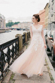 illusion-long-sleeves-lace-wedding-gown-with-blush-pink-tulle-skirt