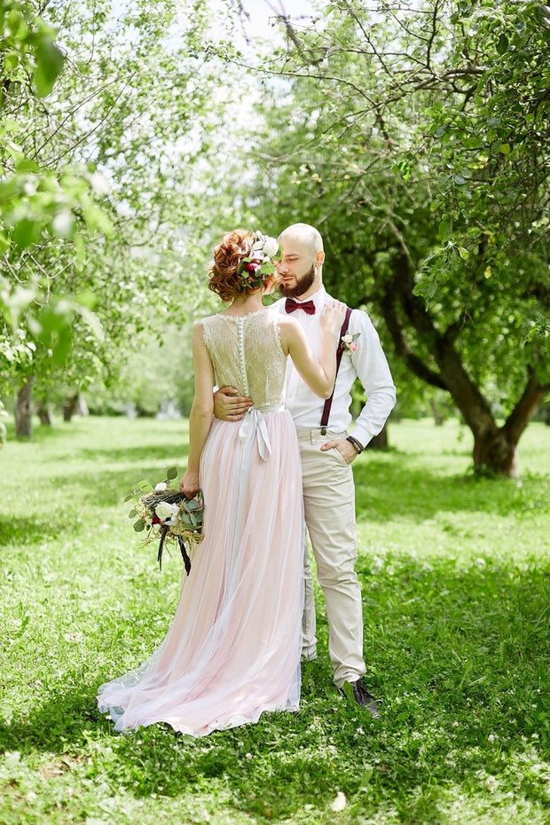 Ivory Lace Beach Wedding Dress with Pink Tulle Skirt