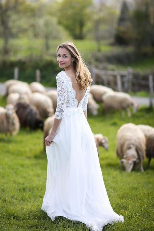 ivory-lace-chiffon-boho-wedding-gown-with-34-sleeves-1