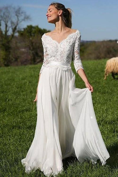 ivory-lace-chiffon-boho-wedding-gown-with-34-sleeves