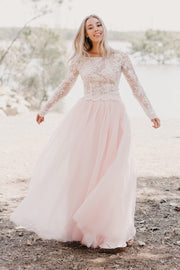 ivory-lace-long-sleeved-wedding-gown-light-pink-tulle-skirt
