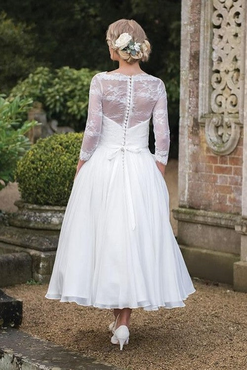 lace-3/4-sleeves-tea-length-wedding-dresses-with-chiffon-skirt-1