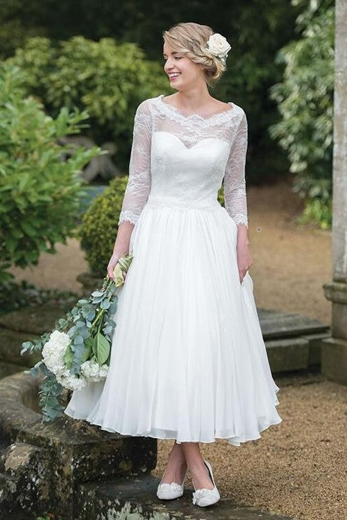 lace-3/4-sleeves-tea-length-wedding-dresses-with-chiffon-skirt
