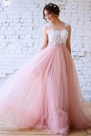 lace-blush-pink-tulle-wedding-dress-with-illusion-neckline