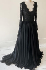 lace-chiffon-black-long-sleeve-evening-dress-with-v-neck