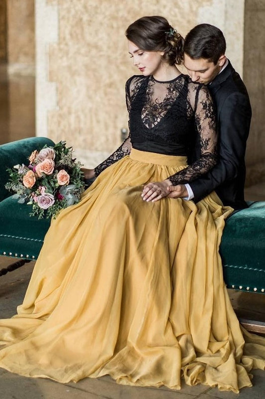 lace-chiffon-two-tone-bridal-dresses-long-sleeves