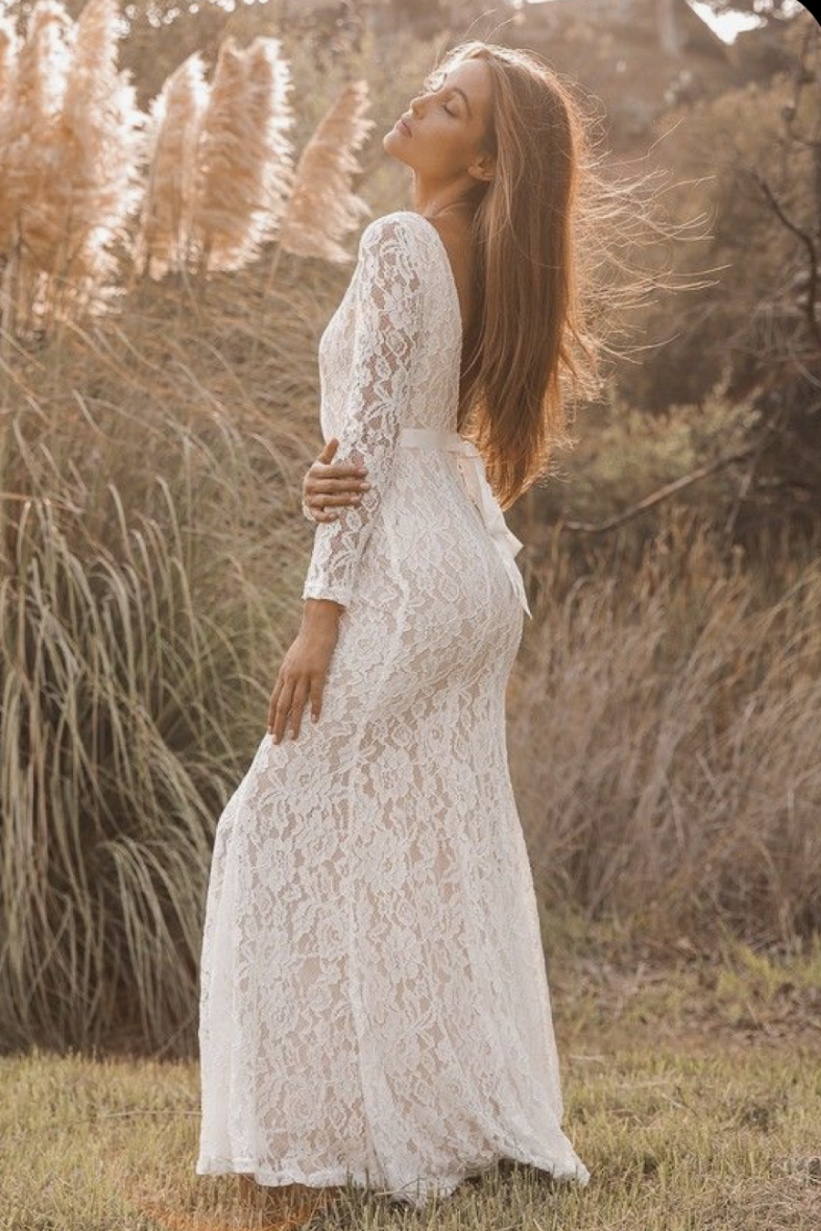 Lace Full Sleeves Bride Dresses with Boat Neck