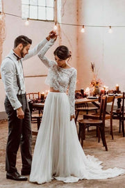 lace-full-sleeves-two-piece-wedding-dress-beach