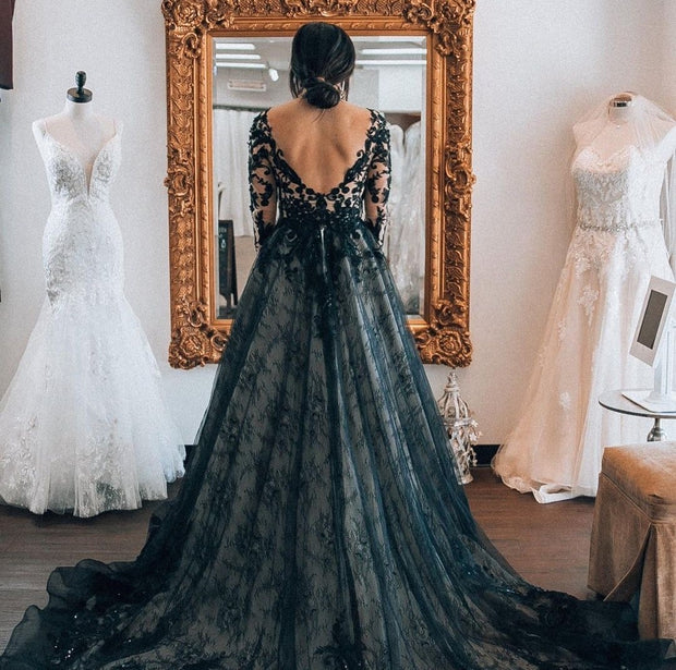 Lace Long-sleeve Dark Navy Prom Dinner Gown Online
