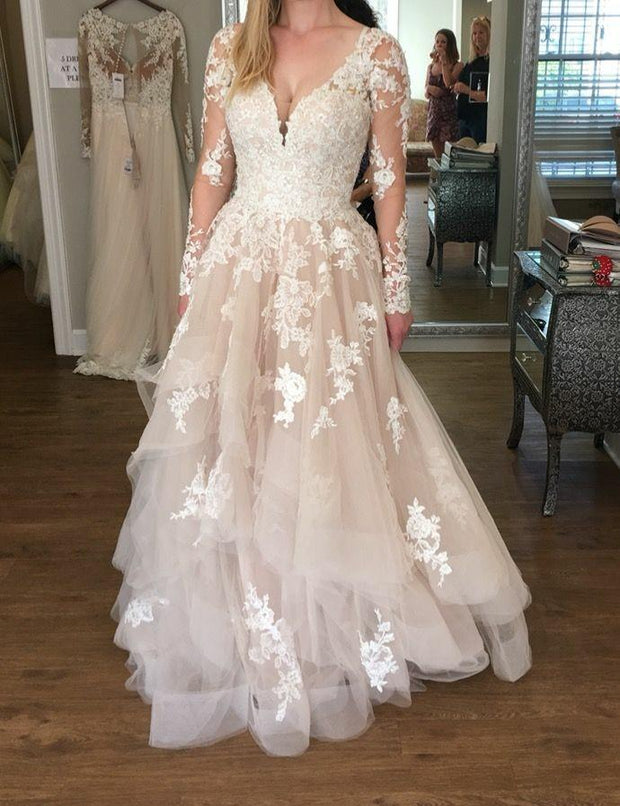 lace-long-sleeves-champagne-wedding-dresses-with-horsehair-skirt-3
