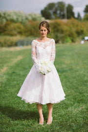 lace-long-sleeves-tea-length-wedding-dresses-with-organza-skirt