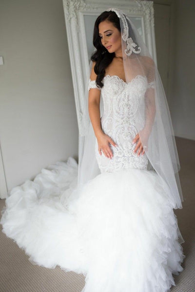 lace-off-the-shoulder-corset-mermaid-wedding-gown-with-ruffled-tulle-skirt