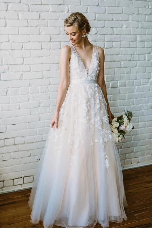 lace-pearls-sleeveless-floral-wedding-dresses-with-v-neckline