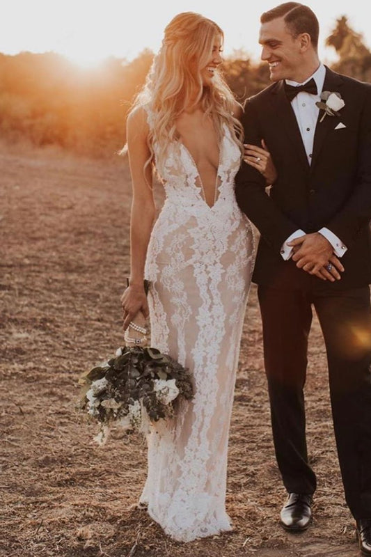 lace-pearls-wedding-dresses-with-deep-v-neckline