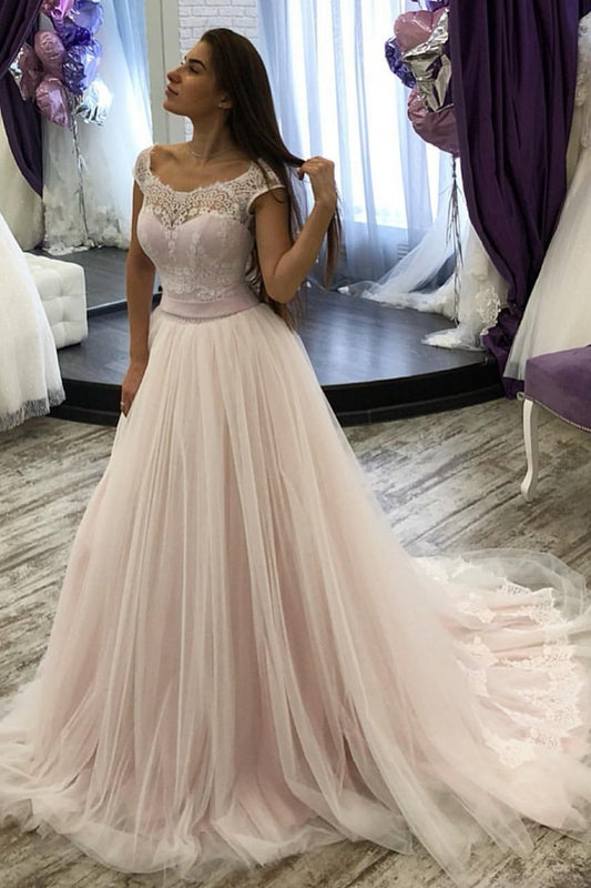 lace-scoop-neck-blush-pink-bridal-dresses-tulle-skirt