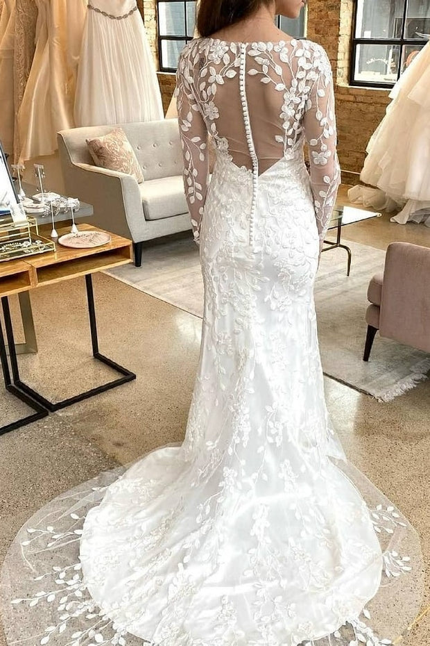 Lace Sheath Wedding Gown with Long Sheer Sleeves