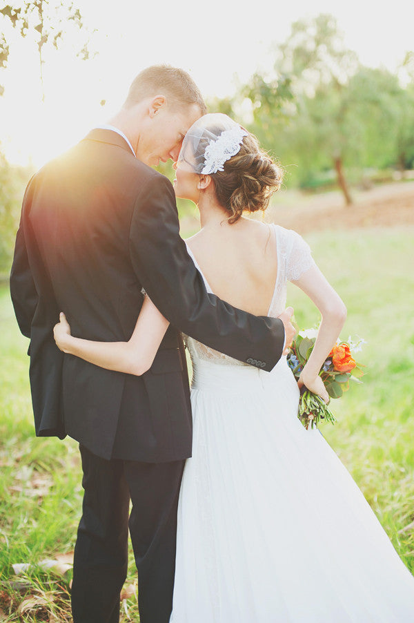 Lace Short Sleeves Bride Dress with Chiffon Skirt