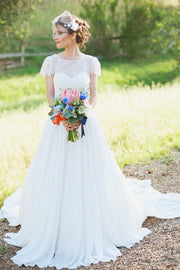lace-short-sleeves-bride-dress-with-chiffon-skirt
