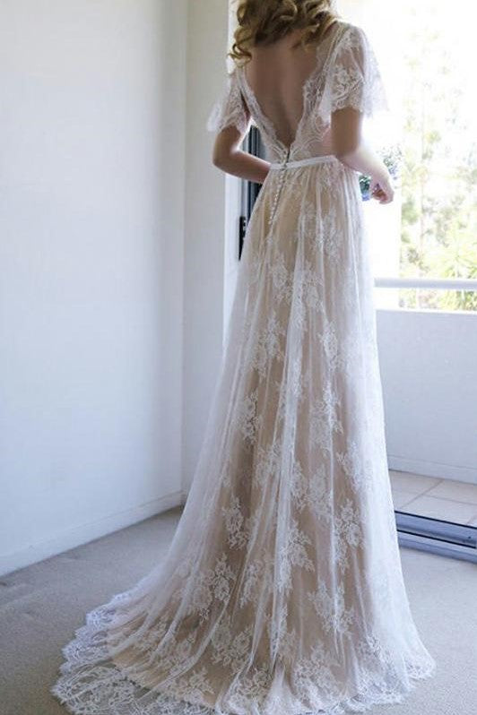 lace-sleeves-boho-bridal-dresses-with-v-neckline