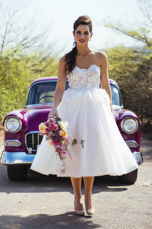 lace-strapless-tea-length-wedding-gown-tulle-skirt