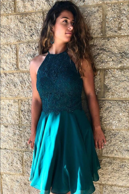 lace-teal-green-homecoming-dresses-short-chiffon-skirt