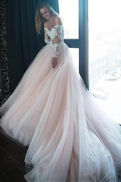 lace-tulle-blush-pink-wedding-dresses-with-off-the-shoulder-long-sleeves