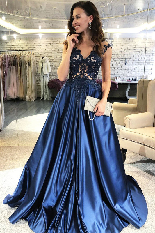 lace-v-neckline-navy-blue-evening-dress-with-satin-skirt