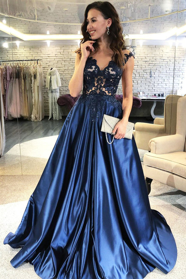 lace-v-neckline-navy-blue-evening-dress-with-satin-skirt