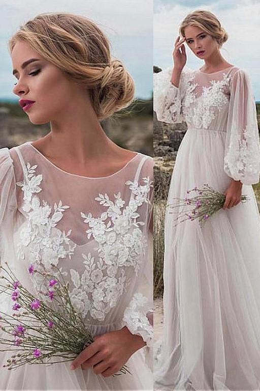 lantern-sleeves-boho-bride-dress-lace-tulle-beach-weddings