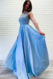 light-blue-satin-prom-dresses-beaded-lace-v-neckline-bodice-2
