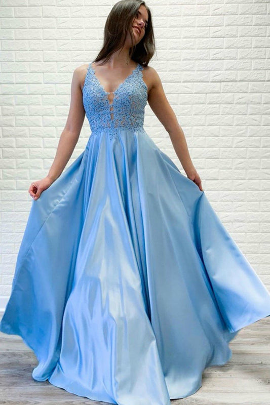 light-blue-satin-prom-dresses-beaded-lace-v-neckline-bodice