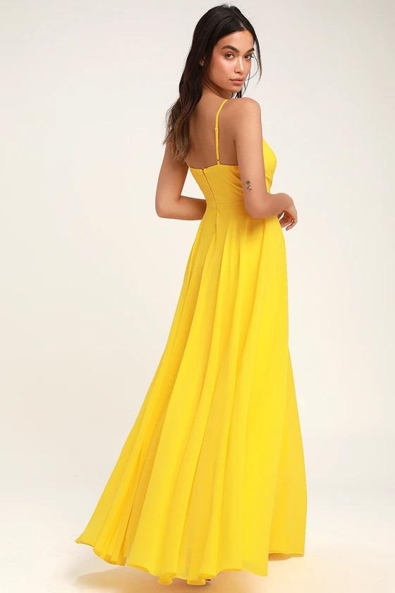 Long Chiffon Yellow Prom Dresses with Double Straps
