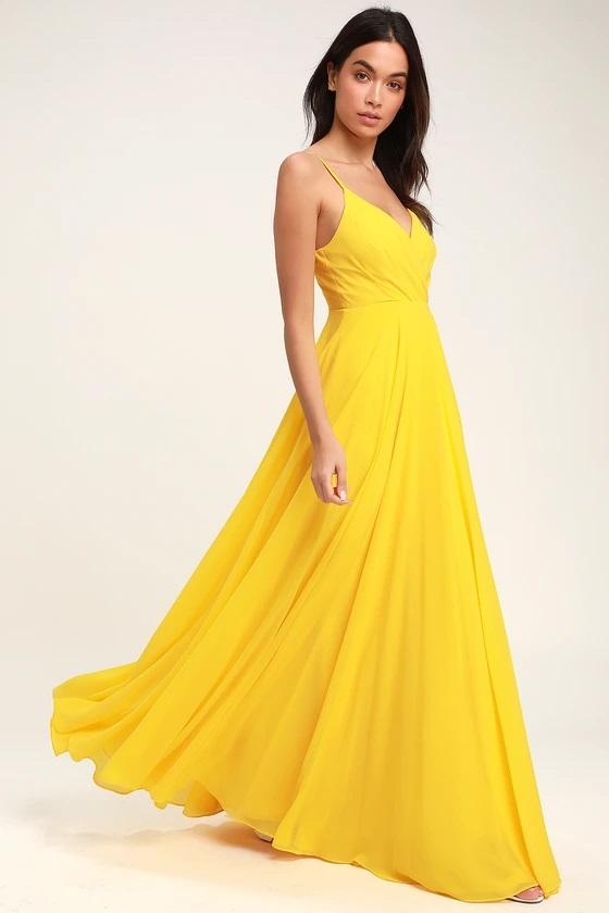 Long Chiffon Yellow Prom Dresses with Double Straps