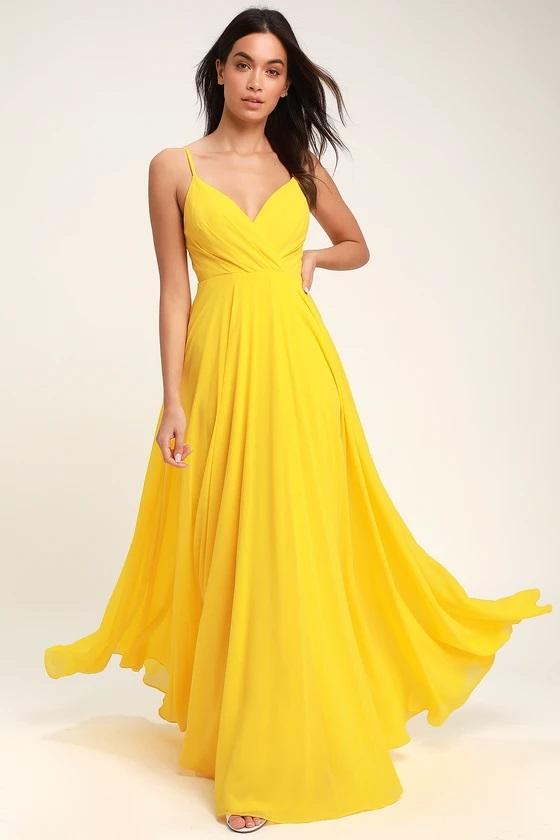 Long Chiffon Yellow Prom Dresses with Double Straps