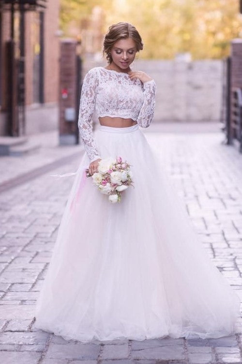 long-lace-sleeves-two-pieces-bridal-dresses-with-tulle-skirt