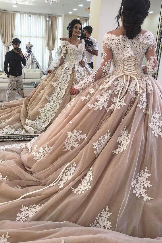 long-sleeves-lace-champagne-ball-gown-dress-for-bride