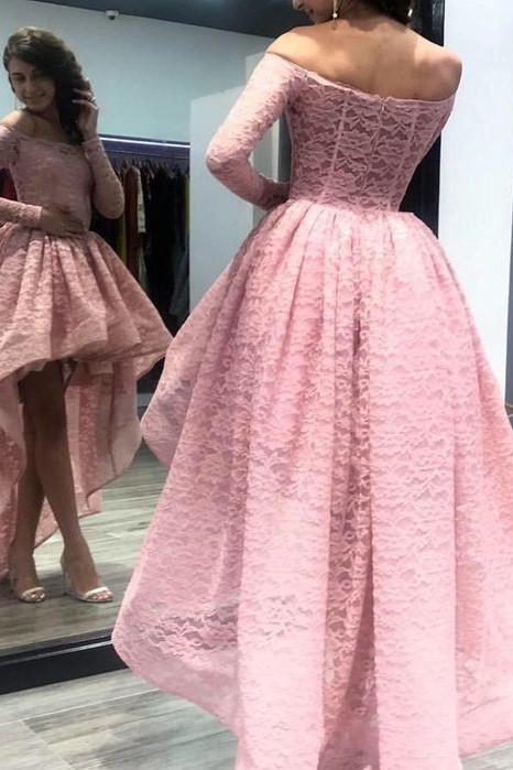 long-sleeves-pink-lace-prom-dress-with-short-front-skirt-1