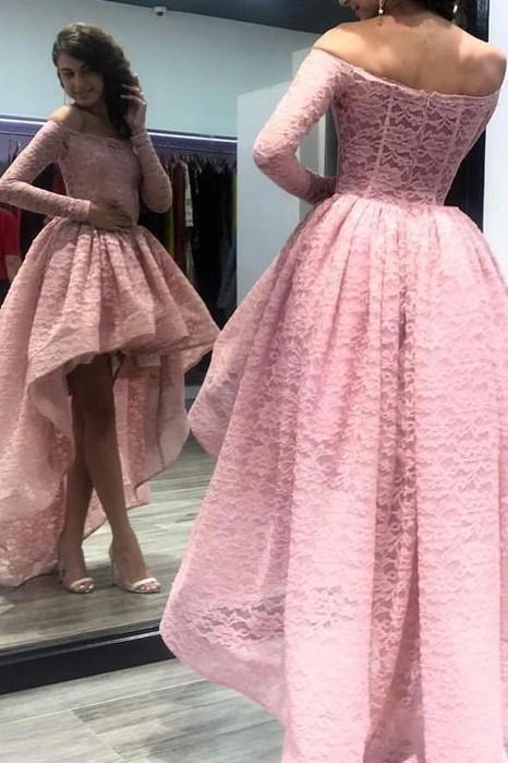 long-sleeves-pink-lace-prom-dress-with-short-front-skirt
