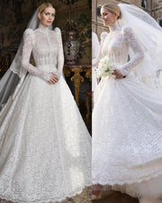 Modest High-neck Wedding Dresses with Lace Long Sleeves