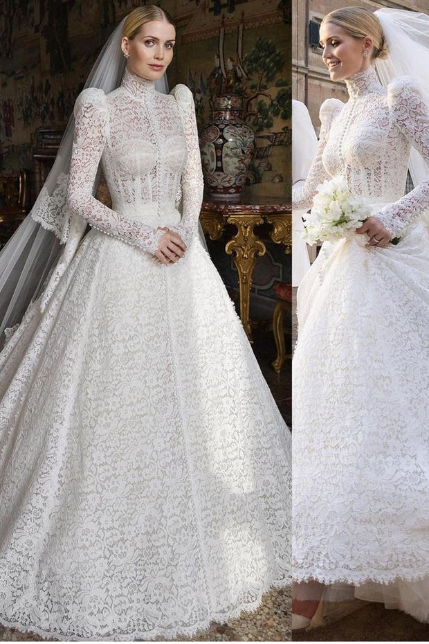 Modest High-neck Wedding Dresses with Lace Long Sleeves