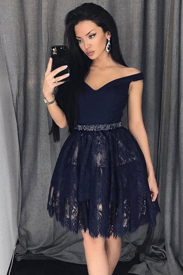 navy-blue-lace-homecoming-party-dress-short-off-the-shoulder-neckline