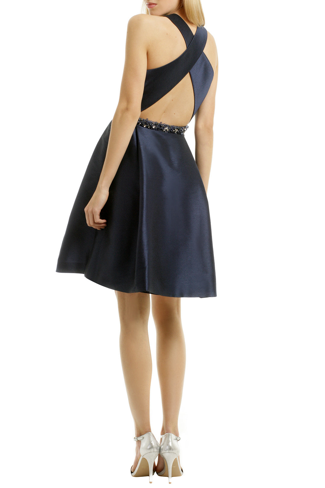 Navy Satin Senior-high Homecoming Dresses with Beaded Belt