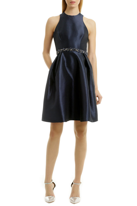 Navy Satin Senior-high Homecoming Dresses with Beaded Belt