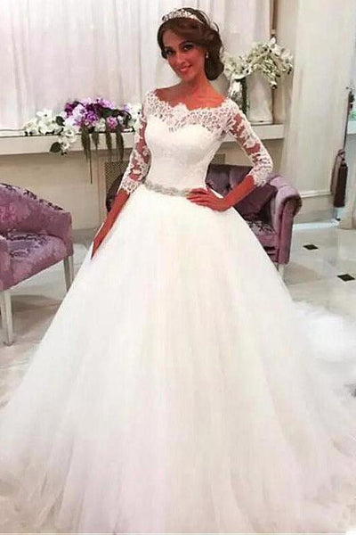 off-the-shoulder-lace-34-sleeves-wedding-gown-with-rhinestones-belt-sash